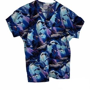 SMART SCRUBS Medical Field Healthcare Uniform Nurse Orca Killer Whales Top Sz M
